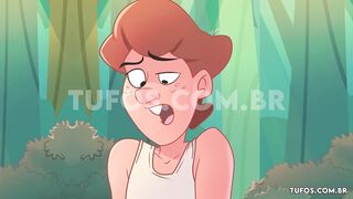 Pornographic cartoon: Peeing and fucking behind the bush!